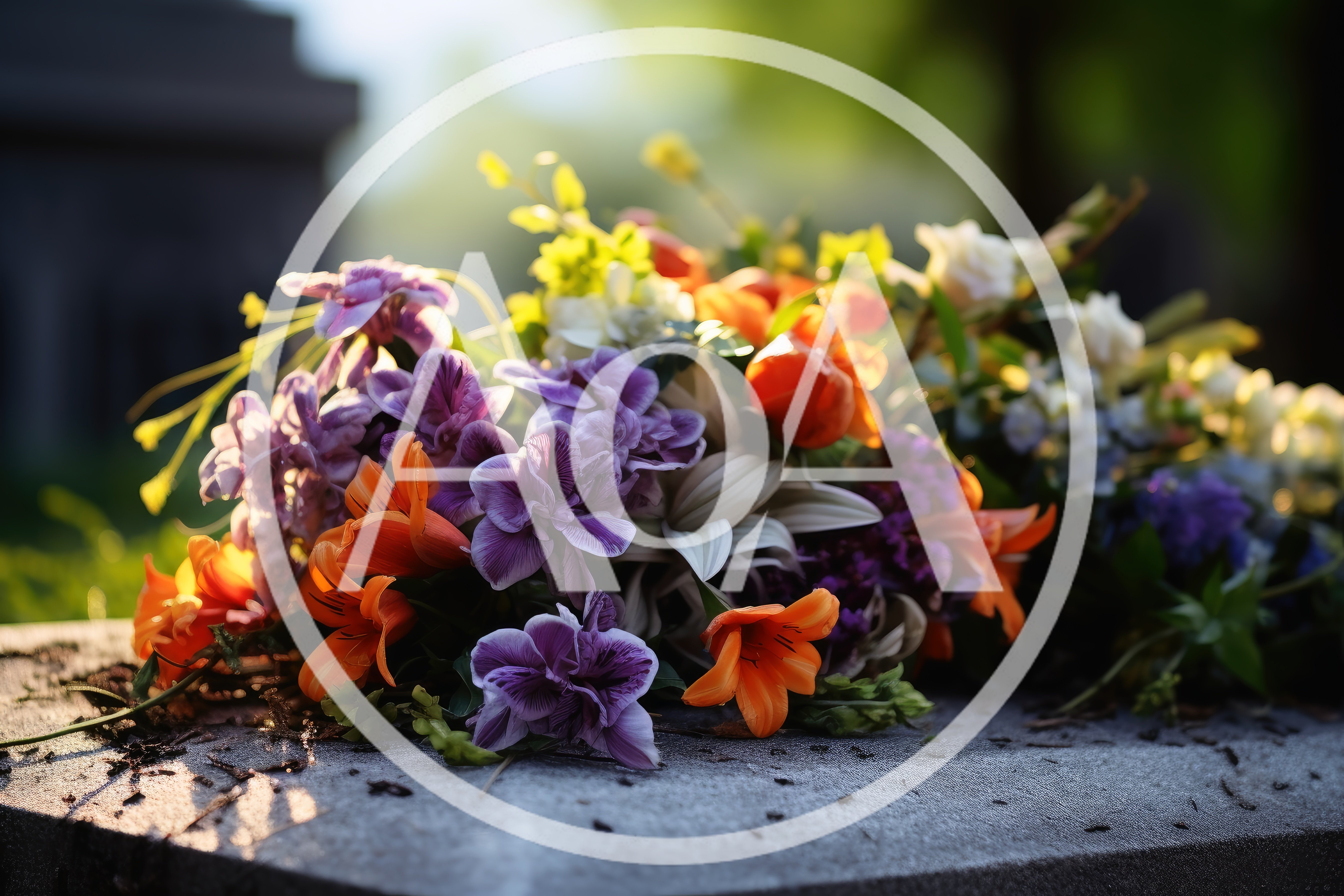 Colorful Floral Bouquet Resting On A Stone Grave Marker