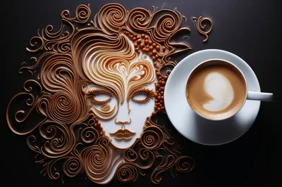 Artistic Coffee Latte Art Portrait With Swirls