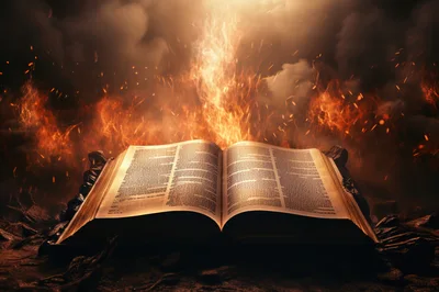 Open Ancient Book Surrounded By Intense Fire