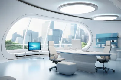 Modern Futuristic Executive Office With City Skyline View