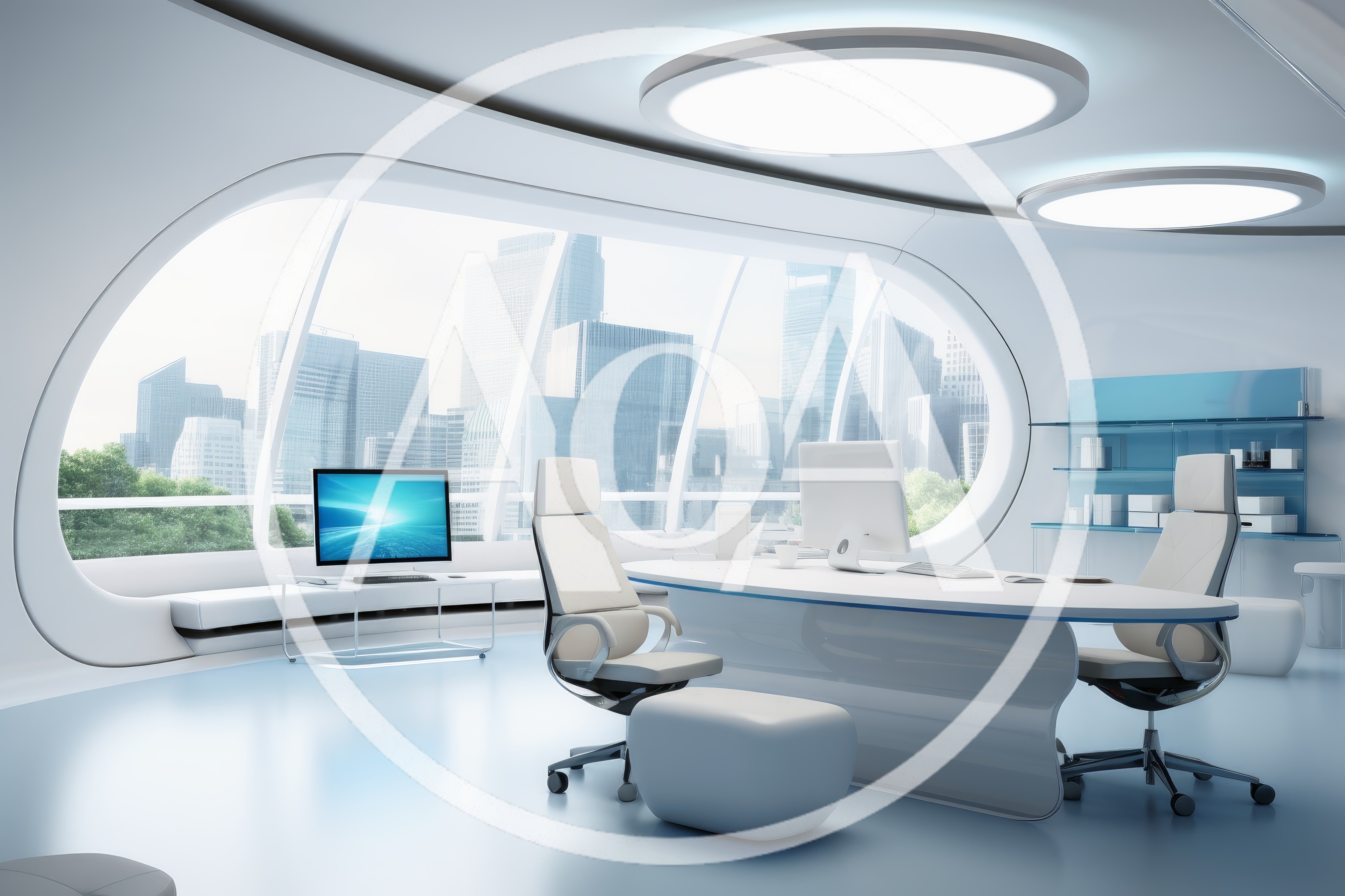 Modern Futuristic Executive Office With City Skyline View
