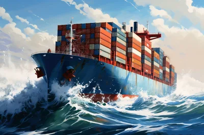 Large Container Ship Sailing Through Rough Ocean Waves