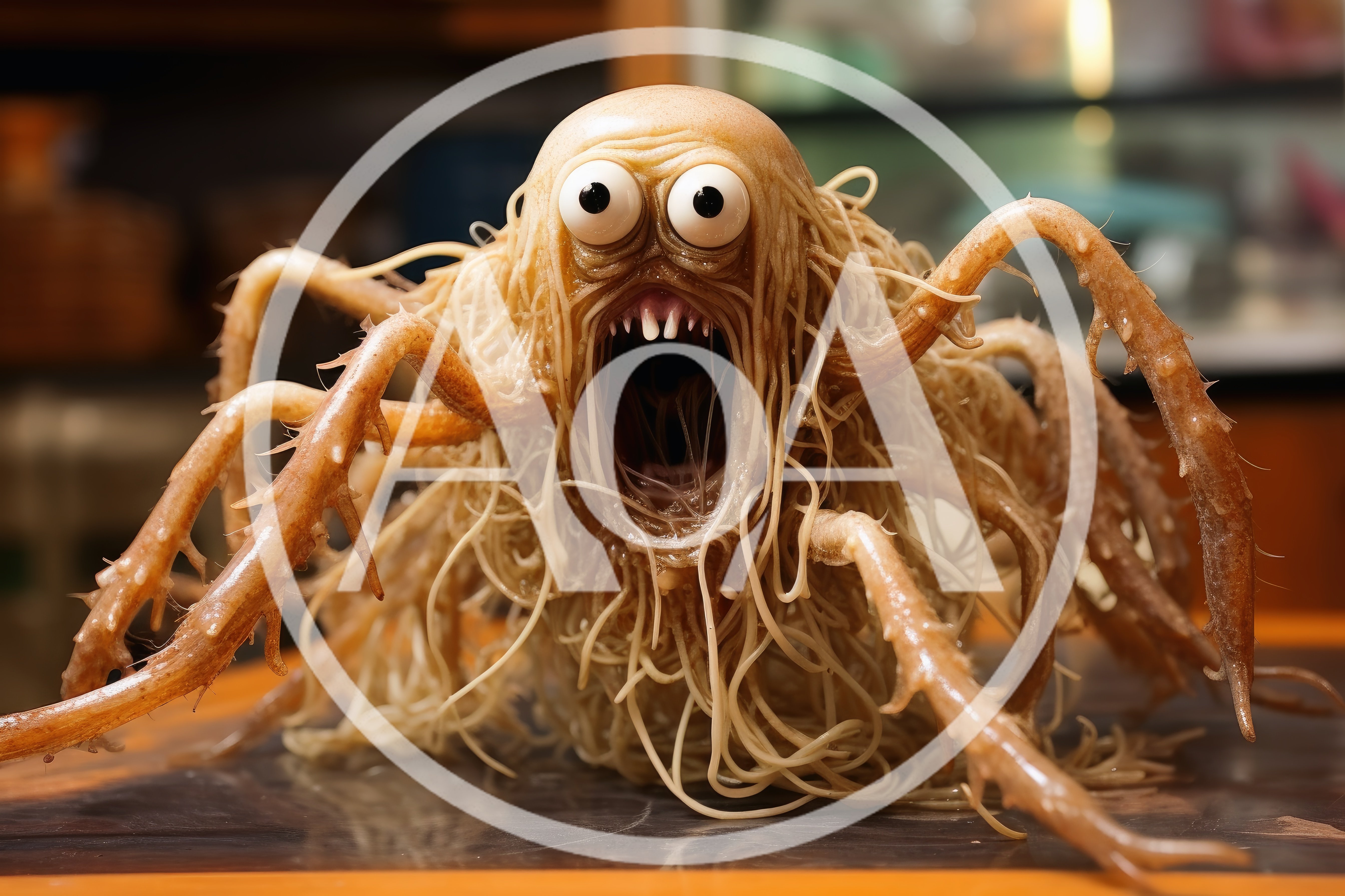Surreal Spaghetti Monster Creature With Crab Legs
