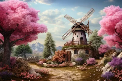 Stone Windmill Surrounded By Vibrant Pink Cherry Blossom Trees