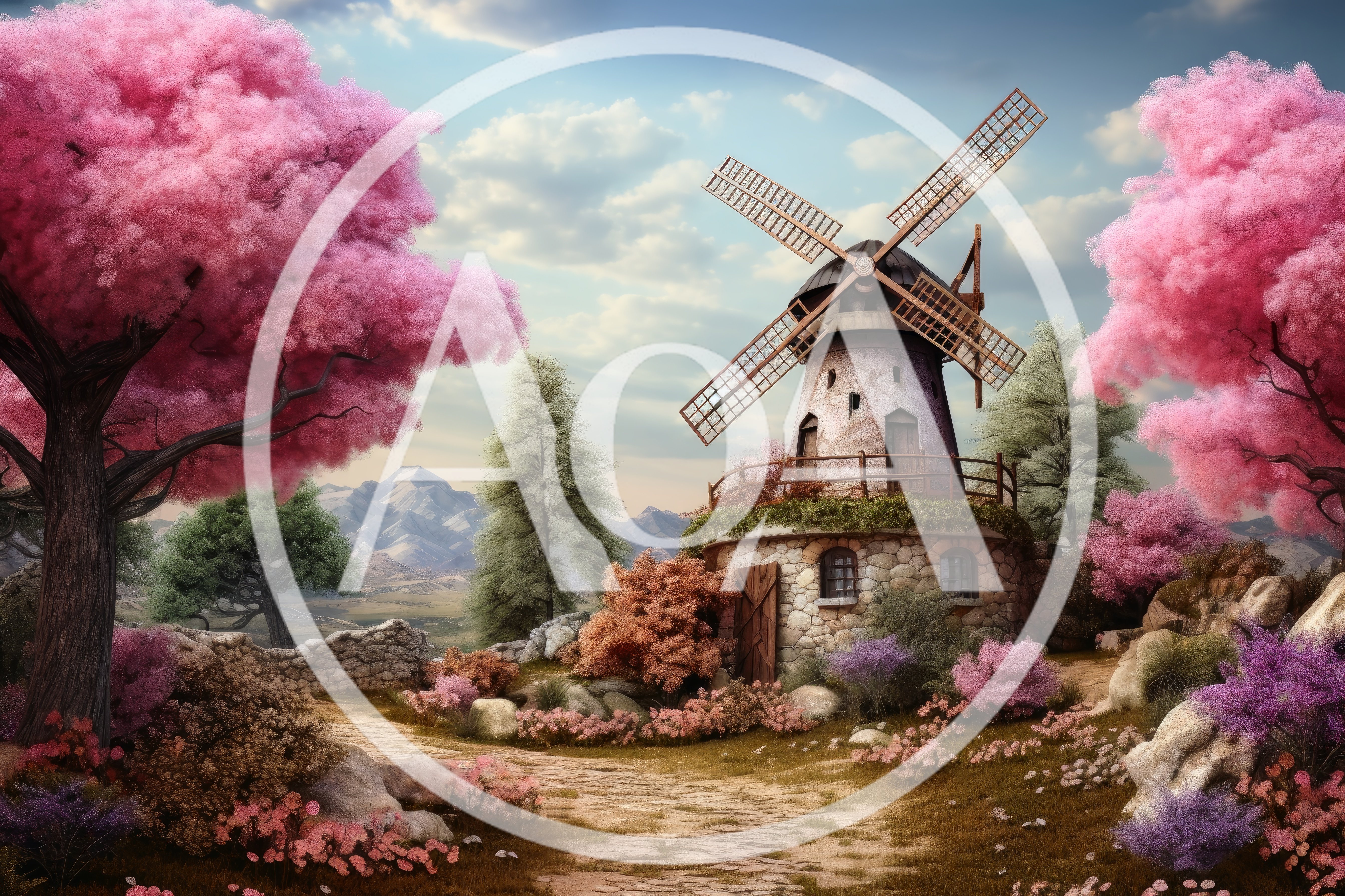 Stone Windmill Surrounded By Vibrant Pink Cherry Blossom Trees