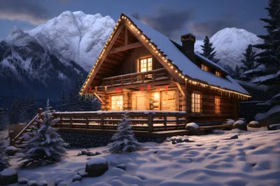 Cozy Log Cabin In Snowy Mountain Landscape At Night