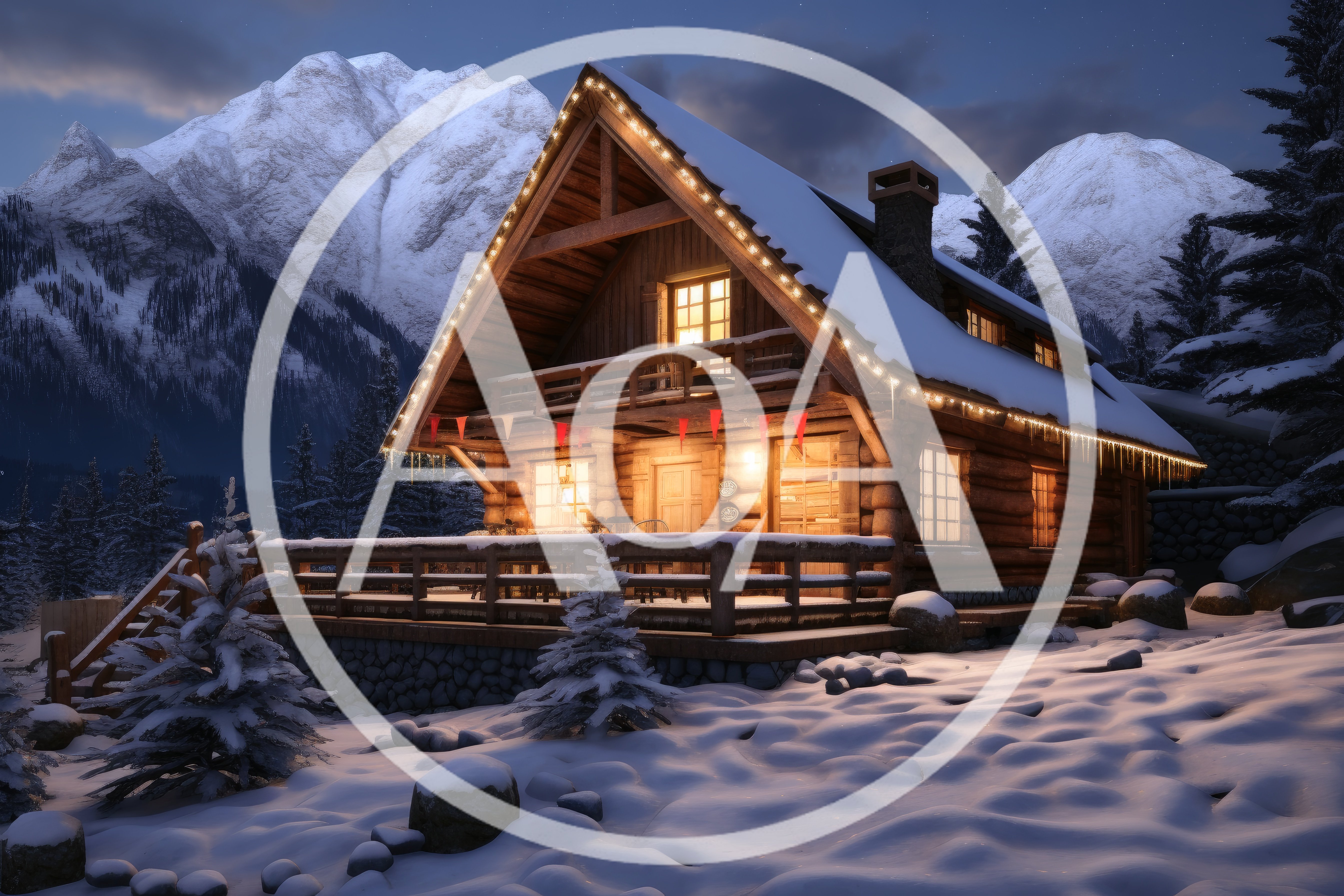 Cozy Log Cabin In Snowy Mountain Landscape At Night