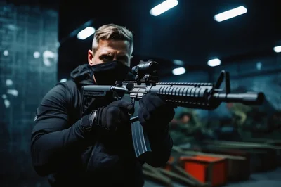 Tactical Operator Aiming Assault Rifle in Training Facility
