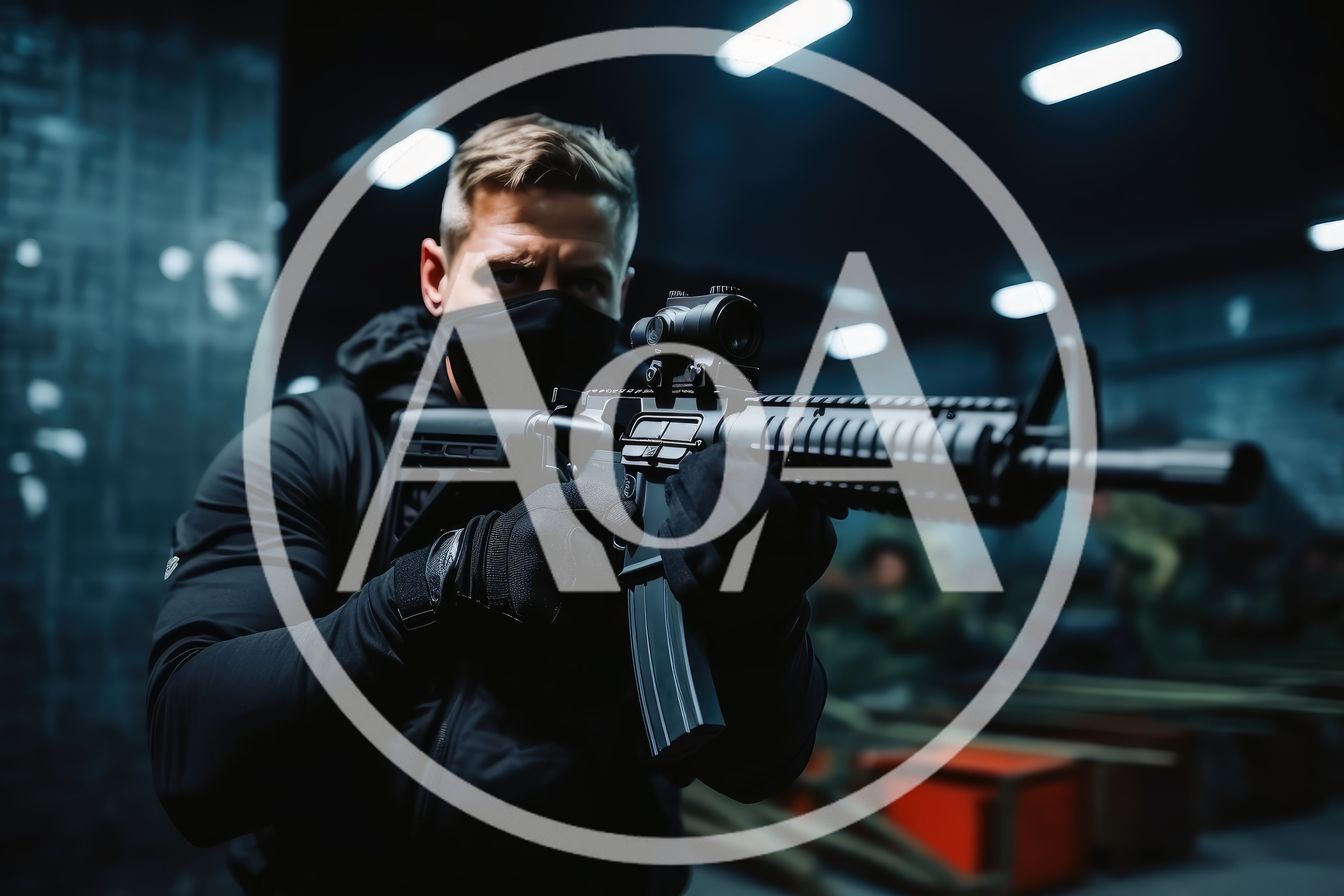 Tactical Operator Aiming Assault Rifle in Training Facility