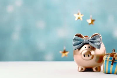 Gold Piggy Bank with Bow and Gift Box