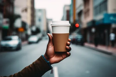 Hand Holding A Disposable Coffee Cup On City Street