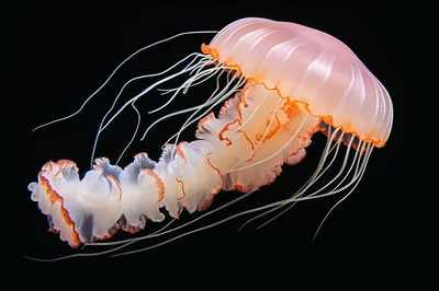 Glowing Japanese Sea Nettle Jellyfish Floating In Dark Water