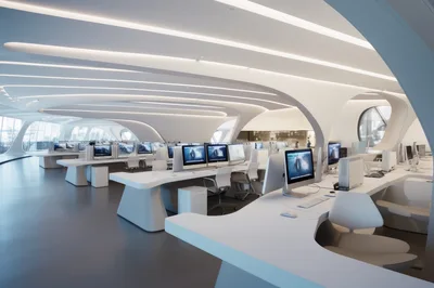 Modern Futuristic Office Workspace With Sleek White Desks