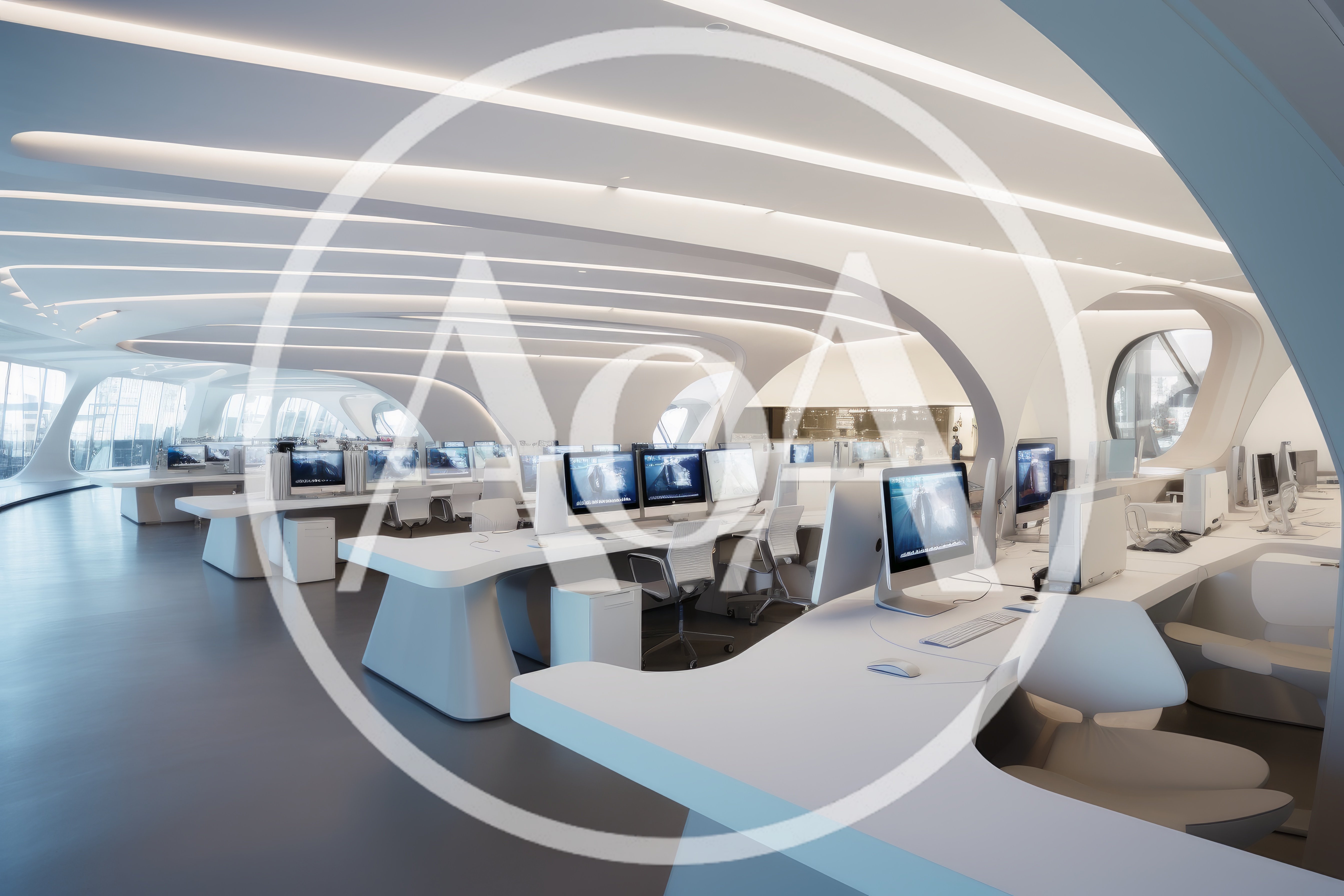 Modern Futuristic Office Workspace With Sleek White Desks
