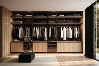Modern Luxury Walk In Closet With Wooden Cabinetry