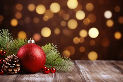 Red Christmas Ornament With Pinecone And Fir Branches
