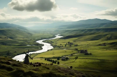 Scenic Valley Landscape With River And Windmill