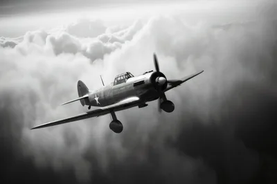 Vintage World War II Fighter Plane Flying Through Clouds