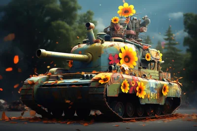 Vintage Military Tank Decorated With Vibrant Sunflowers