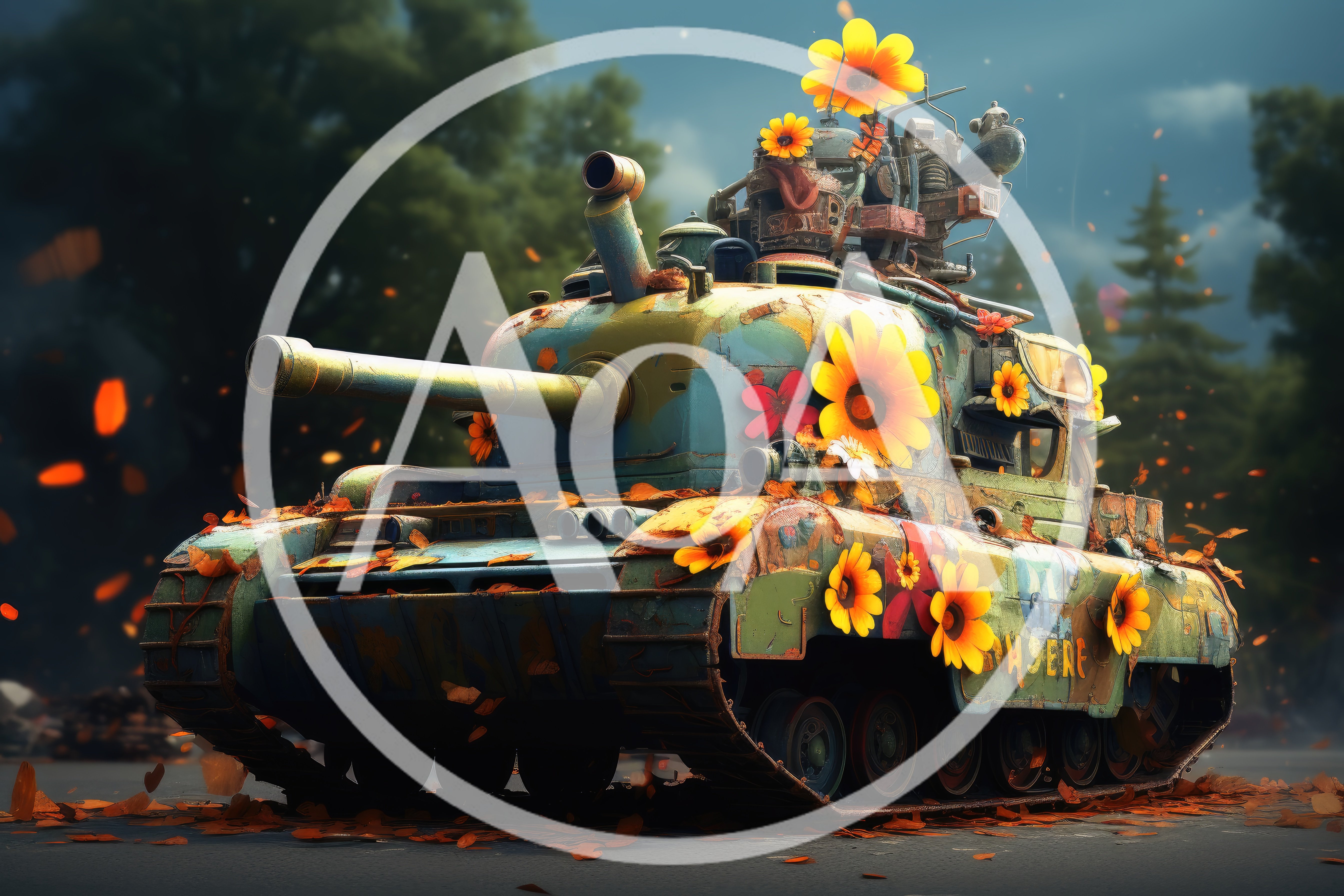 Vintage Military Tank Decorated With Vibrant Sunflowers