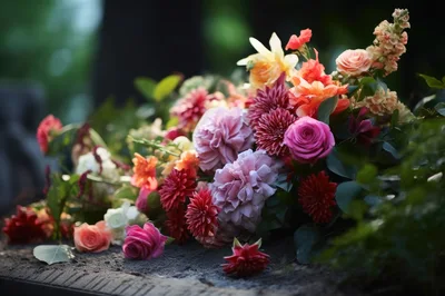 Colorful Floral Arrangement Resting On A Stone Surface