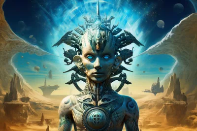 Cyborg Deity Standing In Alien Desert Landscape