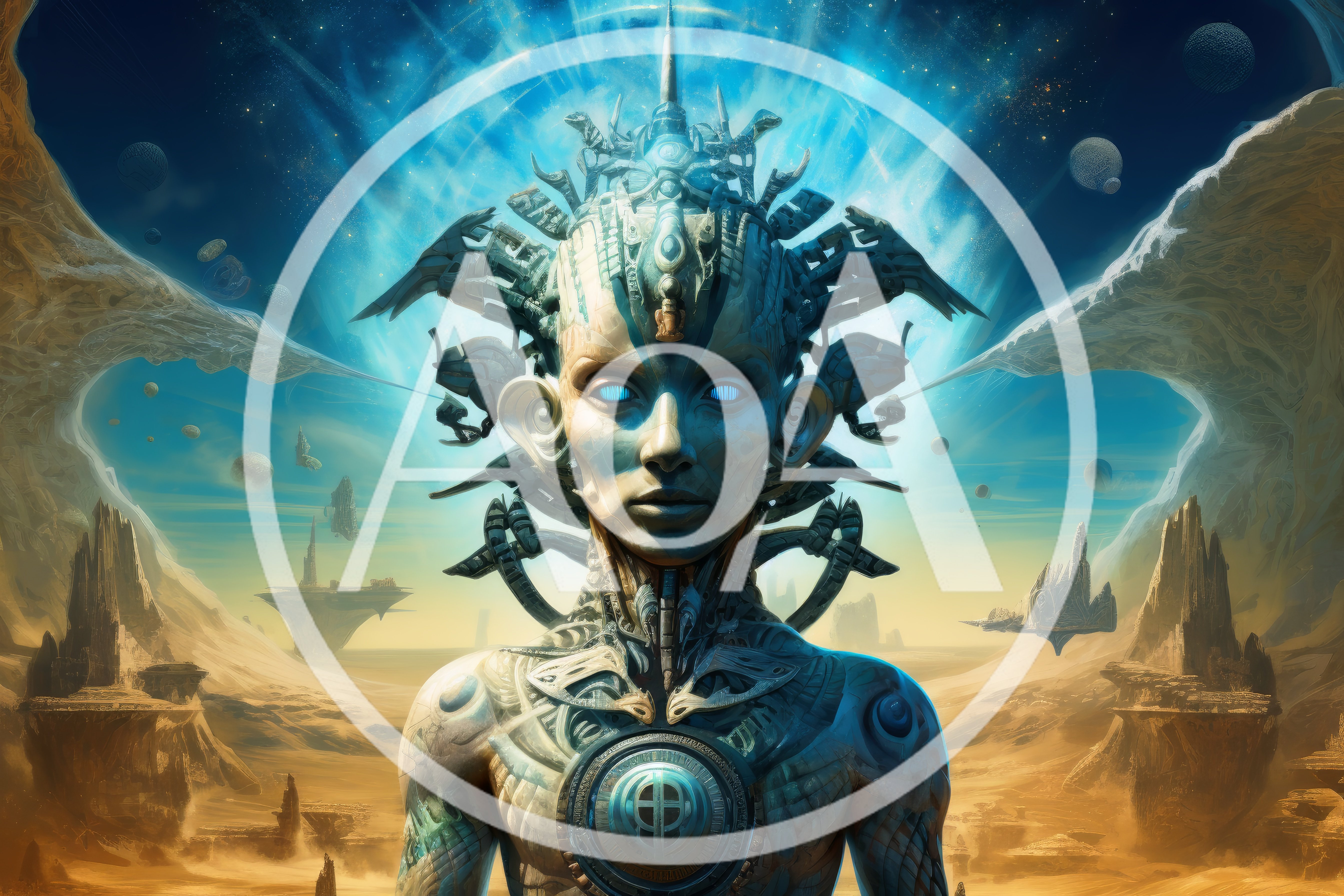 Cyborg Deity Standing In Alien Desert Landscape