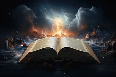 Open Book With Magical Apocalyptic Landscape Background