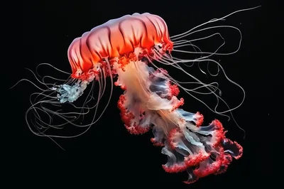 Glowing Red Jellyfish Floating In Deep Ocean Waters
