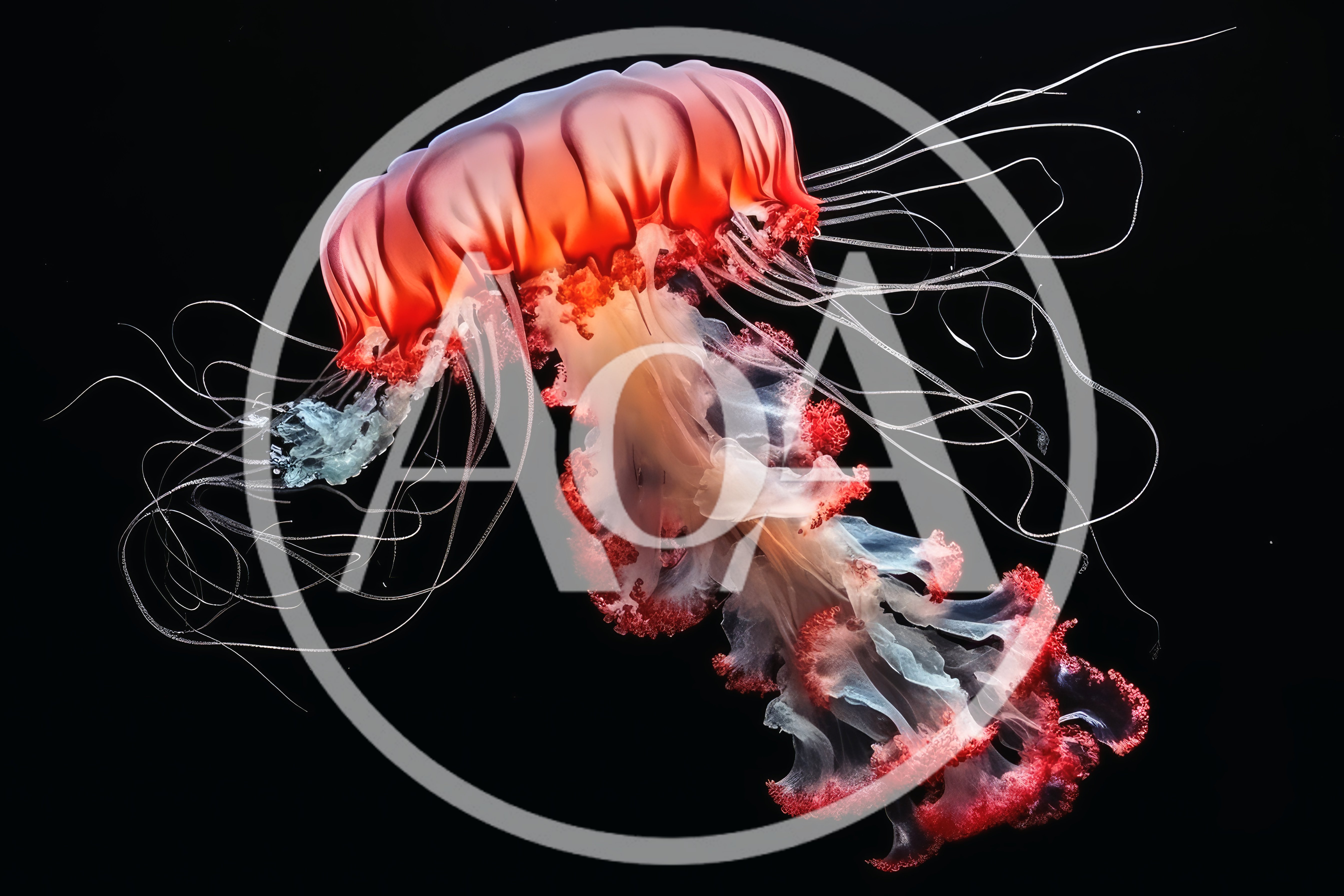 Glowing Red Jellyfish Floating In Deep Ocean Waters