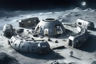 Futuristic Lunar Base Colony On Moon Surface