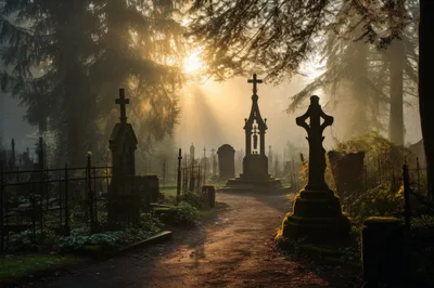 Sunlight Streaming Through Trees In An Ancient Cemetery