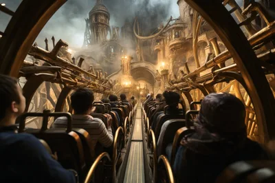 Passengers Riding A Fantasy Steampunk Roller Coaster
