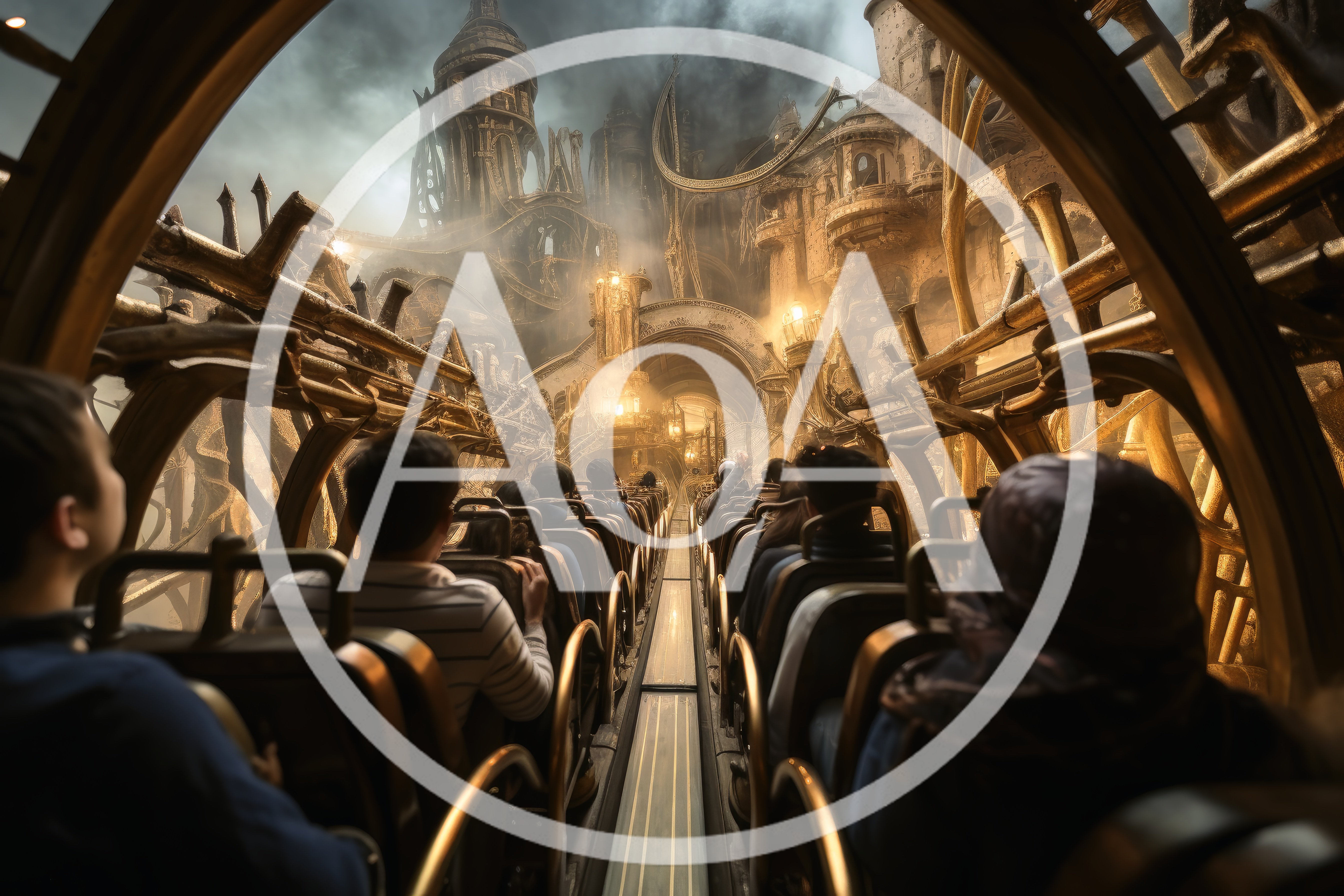 Passengers Riding A Fantasy Steampunk Roller Coaster