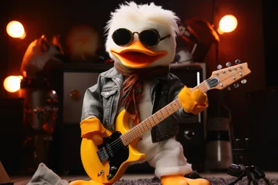 Cool Duck Character Playing A Yellow Electric Guitar
