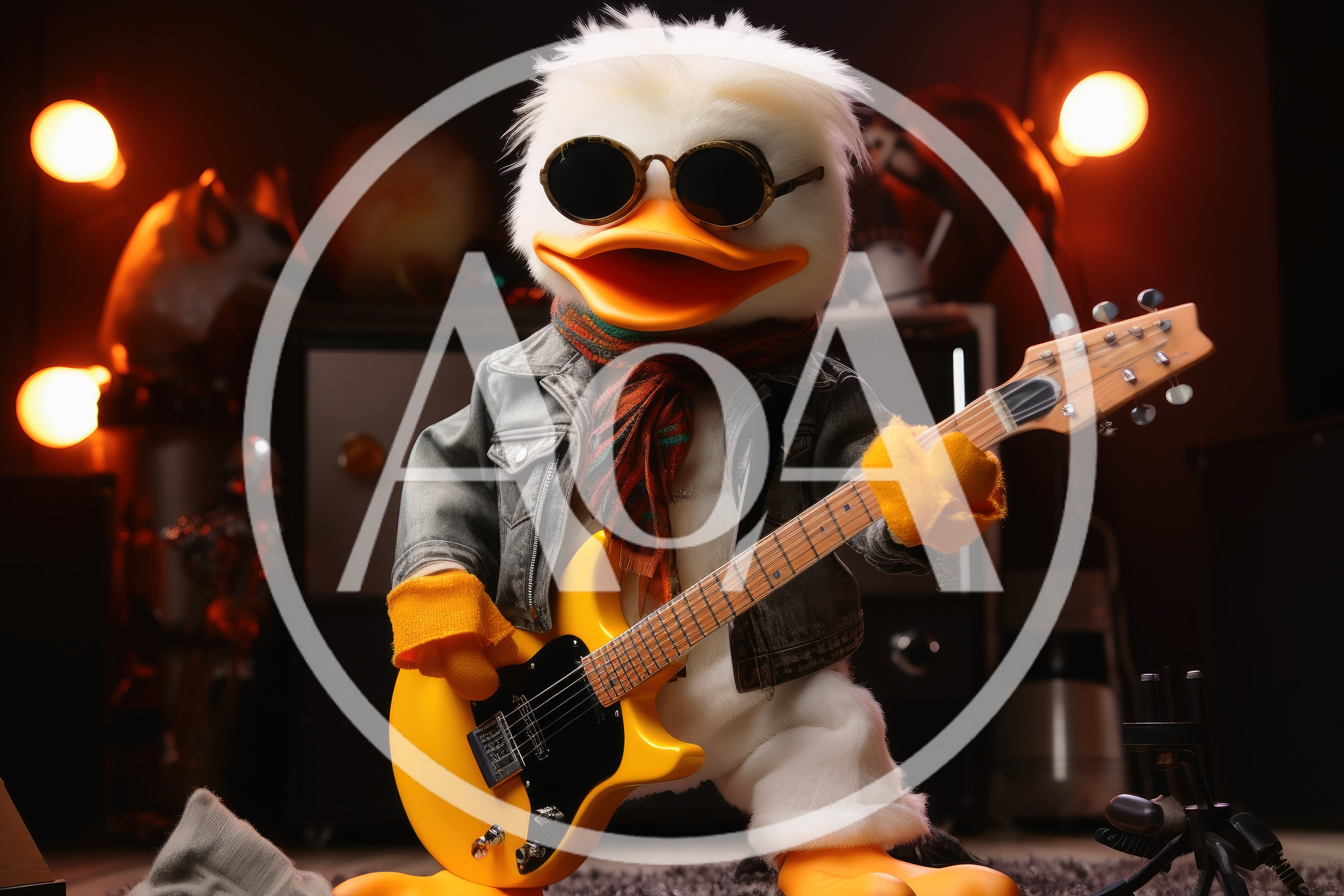 Cool Duck Character Playing A Yellow Electric Guitar
