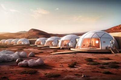 Futuristic Mars Colony Habitat Domes On Red Planet Surface