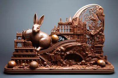 Intricate Chocolate Sculpture Featuring A Rabbit And Architecture