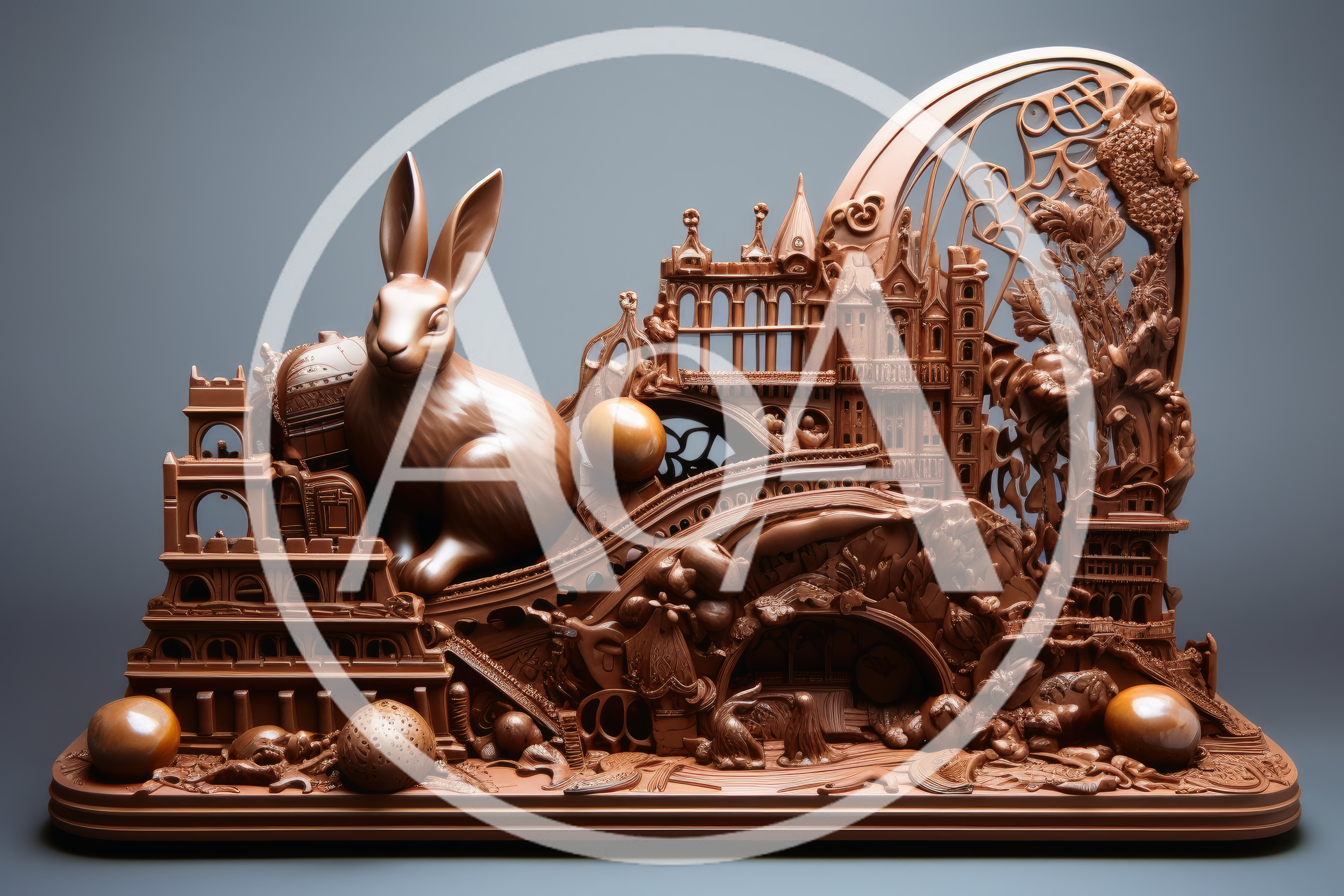 Intricate Chocolate Sculpture Featuring A Rabbit And Architecture