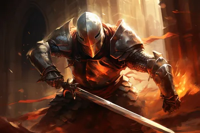 Armored Knight In Combat Stance With Glowing Sword