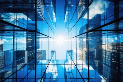 Low Angle View Of Modern Glass Skyscrapers