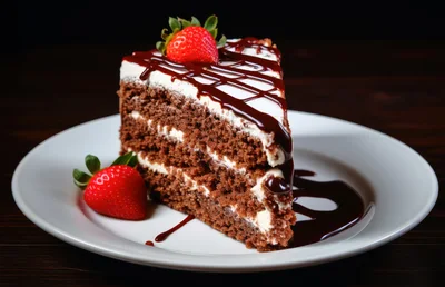 Slice of Chocolate Cake with Strawberries on Plate