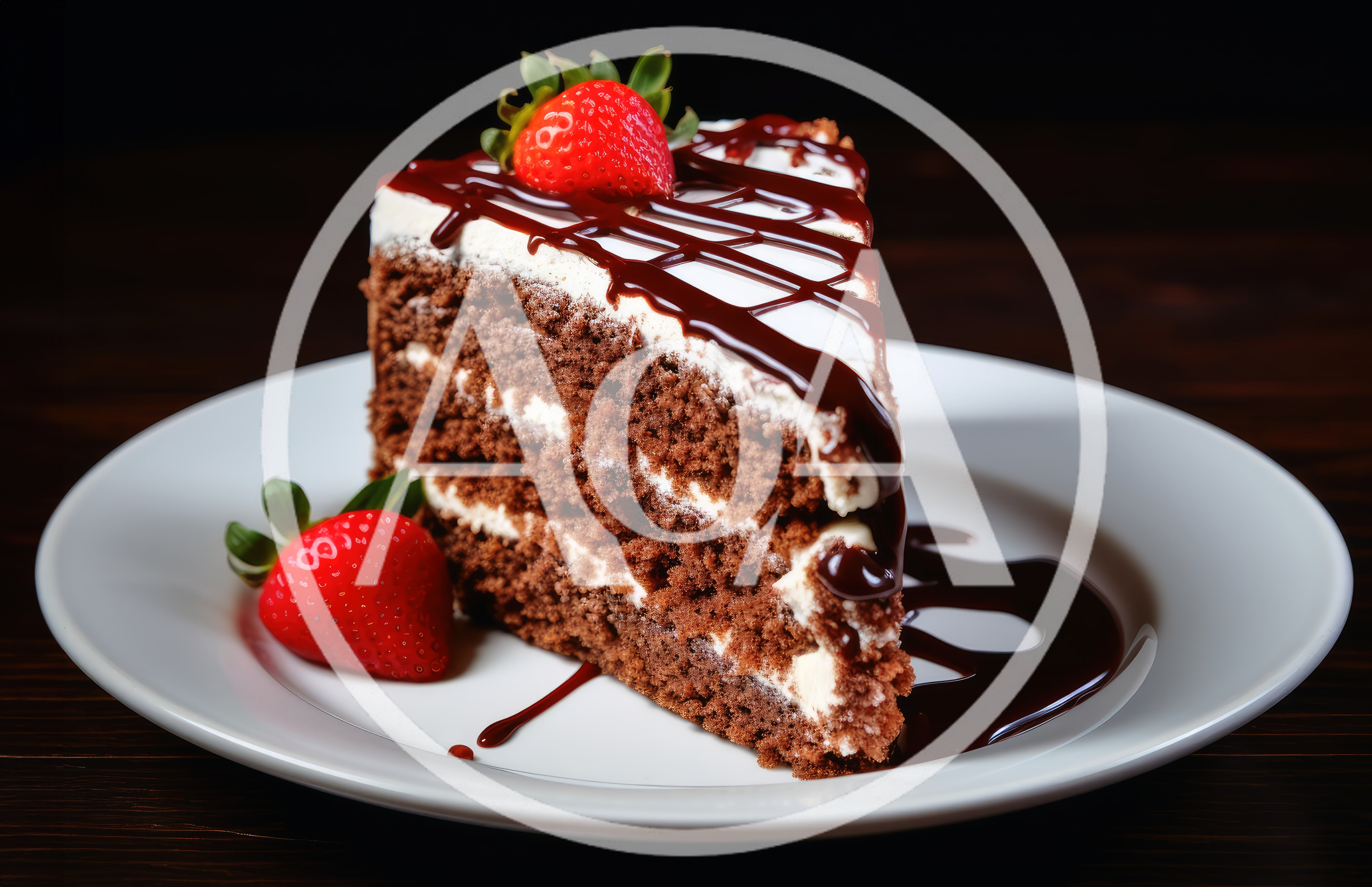 Slice of Chocolate Cake with Strawberries on Plate