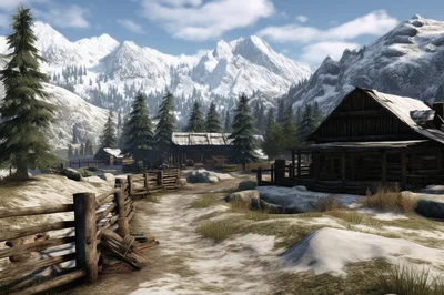 Rustic Wooden Cabins In A Snowy Mountain Landscape