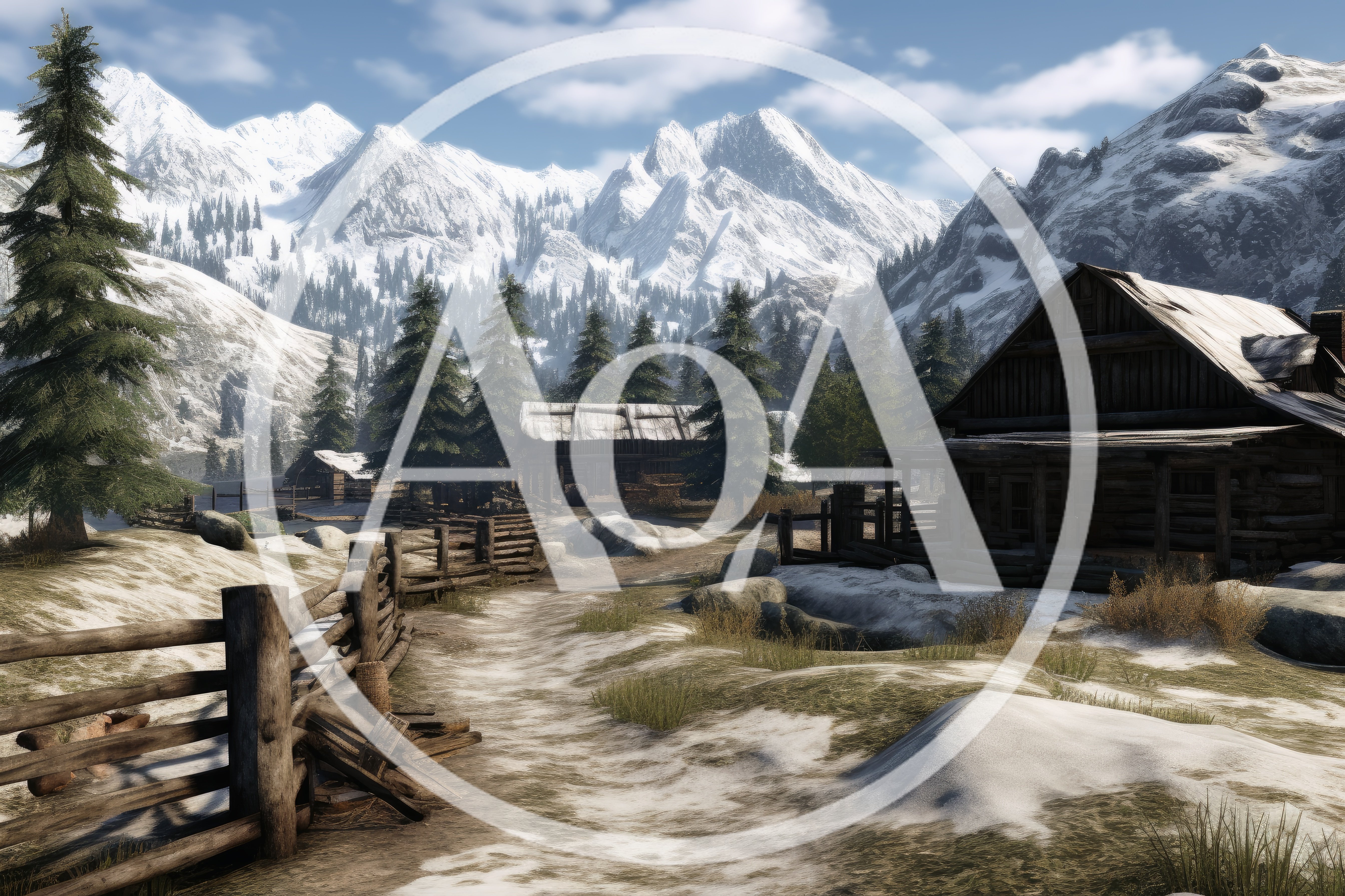 Rustic Wooden Cabins In A Snowy Mountain Landscape