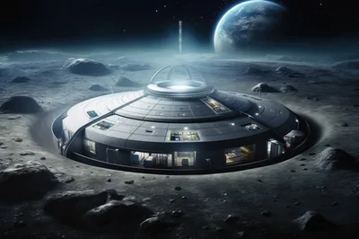 Futuristic Lunar Base Station On Moon Surface