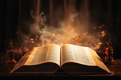 Open Ancient Spellbook With Magical Glowing Smoke