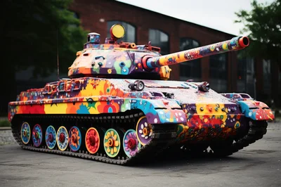 Colorful Psychedelic Painted Military Tank Outdoors