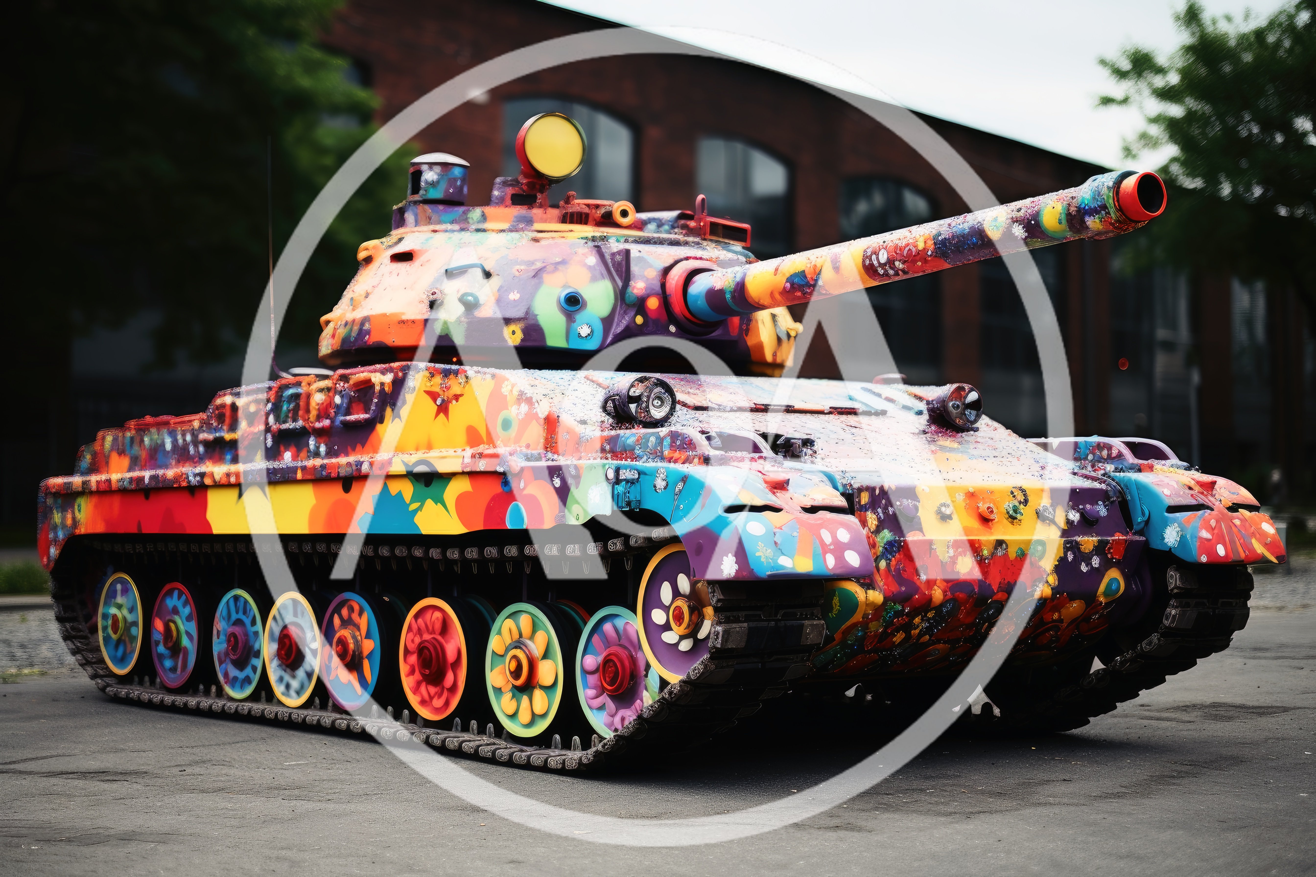 Colorful Psychedelic Painted Military Tank Outdoors