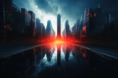 Futuristic Cyberpunk Cityscape With Glowing Red Horizon